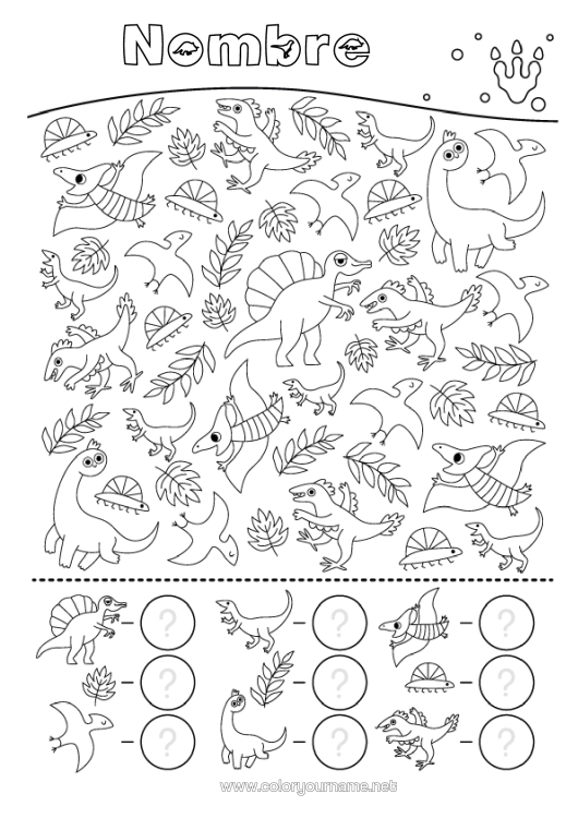 Dibujo para colorear para imprimir Dinosaurios Actividades Para Niños Diplodocus Triceratops Buscar Y Encontrar Plesiosaurio Parasaurolophus Cuenta Y Colorea
