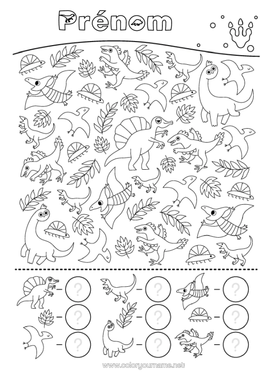 Coloriage à imprimer Dinosaures Activités Enfants Diplodocus Tricératops Cherche Et Trouve Plésiosaure Parasaurolophus Compte Et Colorie