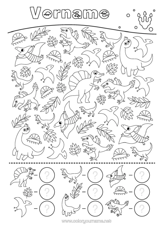 Malvorlage zum Ausdrucken Dinosaurier Kinderaktivitäten Diplodocus Triceratops Finde Und Entdecke Plesiosaurier Parasaurolophus Zähle Und Male Aus