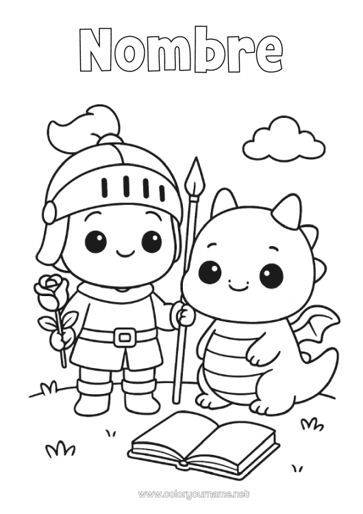 Dibujo para colorear para imprimir Dragón Rosa Caballero Libro Dragones, Unicornios Y Animales Fantásticos Sant Jordi Lectura