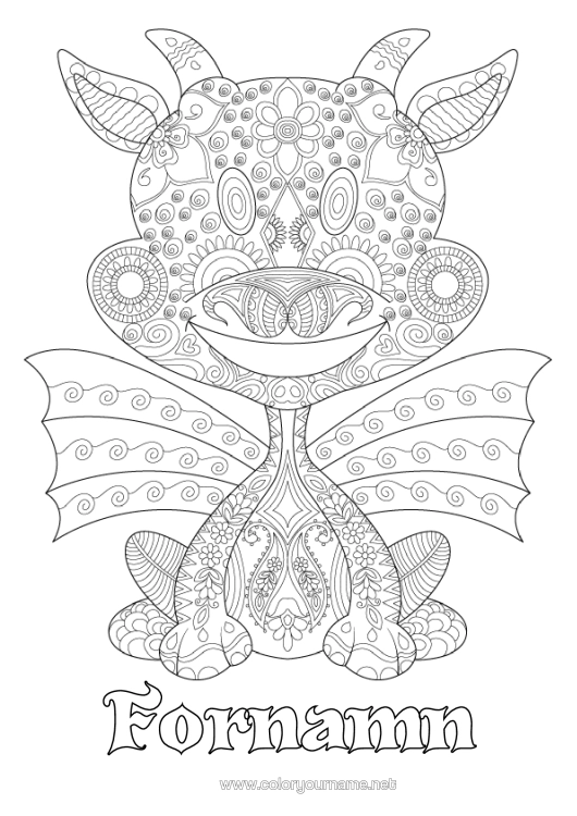 Färgläggningssida att skriva ut Drake Komplexa Målarbilder Zentangle Drakar, Enhörningar Och Fantastiska Djur
