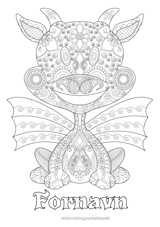 Fargeleggingssiden til utskrift Drage Komplekse Fargelegginger Zentangle Drager, Enhornede Hester Og Fantastiske Dyr