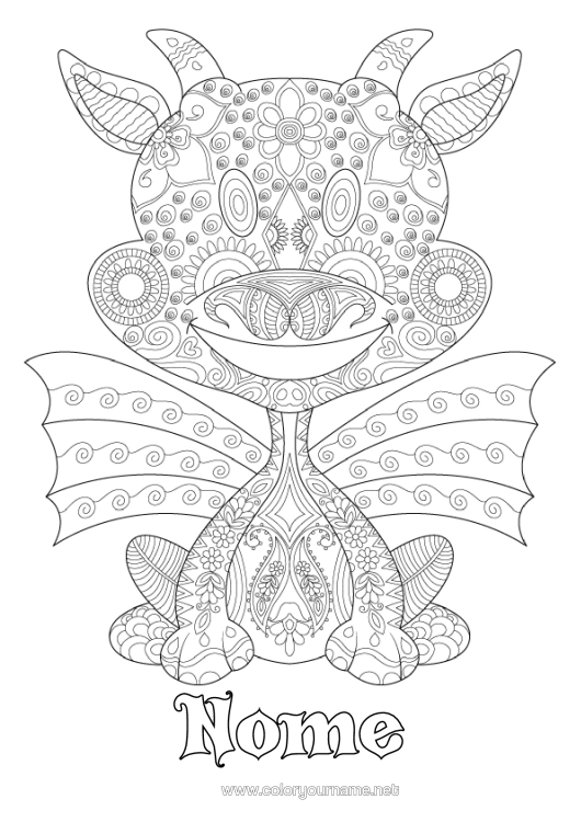 Pagina da colorare da stampare Drago Colorazioni Complesse Zentangle Draghi, Unicorni E Animali Fantastici