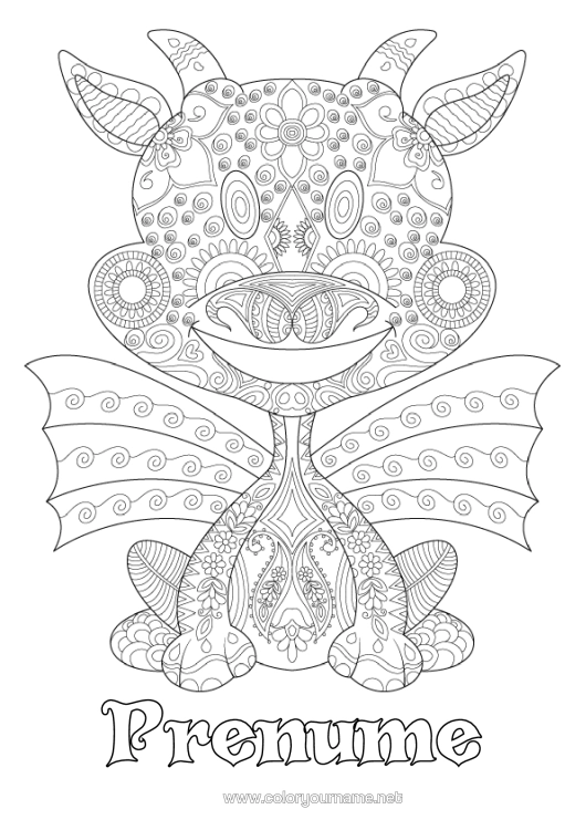 Pagină de colorat de imprimat Dragon Desene De Colorat Complexe Zentangle Dragoni, Unicorni Și Animale Fantastice