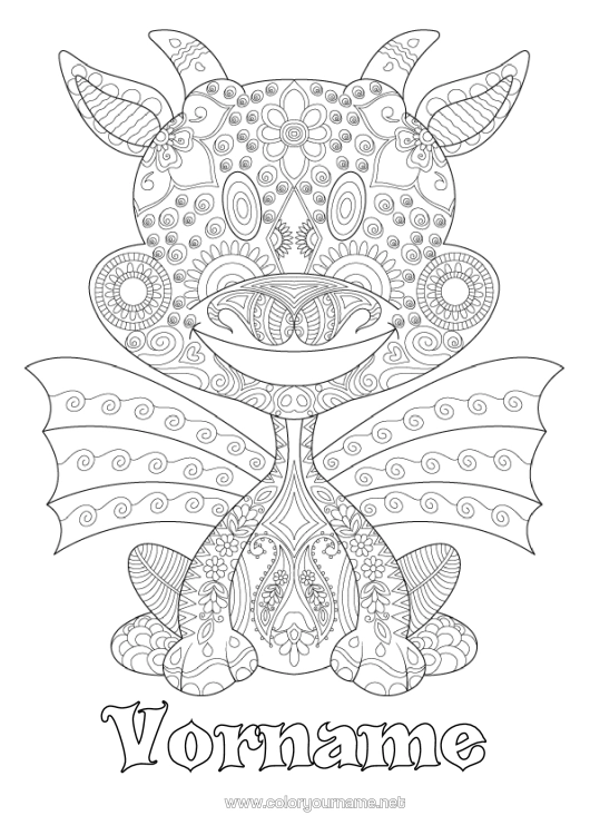 Malvorlage zum Ausdrucken Drache Komplexe Ausmalbilder Zentangle Drachen, Einhörner Und Fantastische Tiere