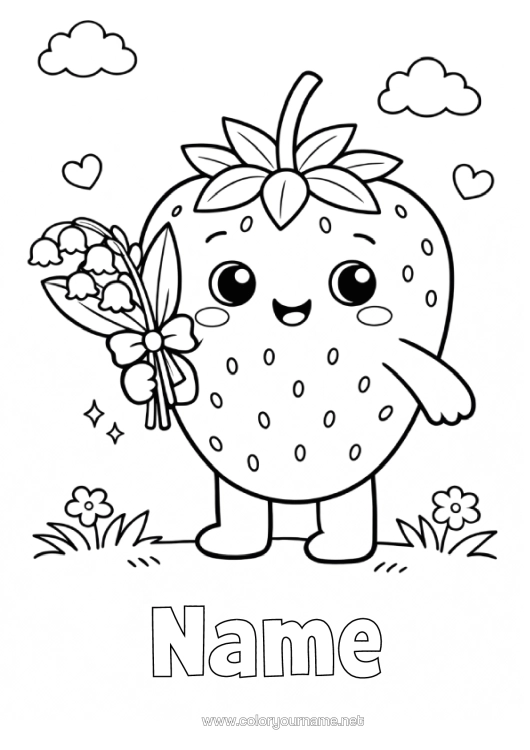 Coloring page to print Kawaii Lily Of The Valley Fruits Strawberry 1St May
