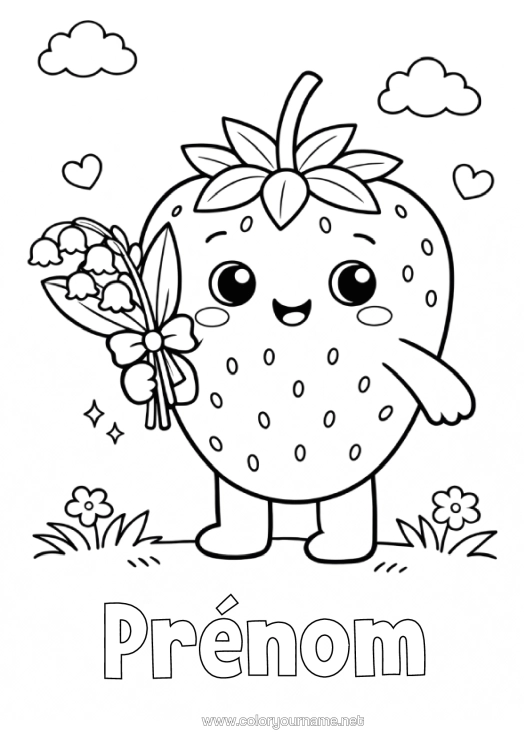Coloriage à imprimer Kawaii Muguet Fruits Fraise 1Er Mai