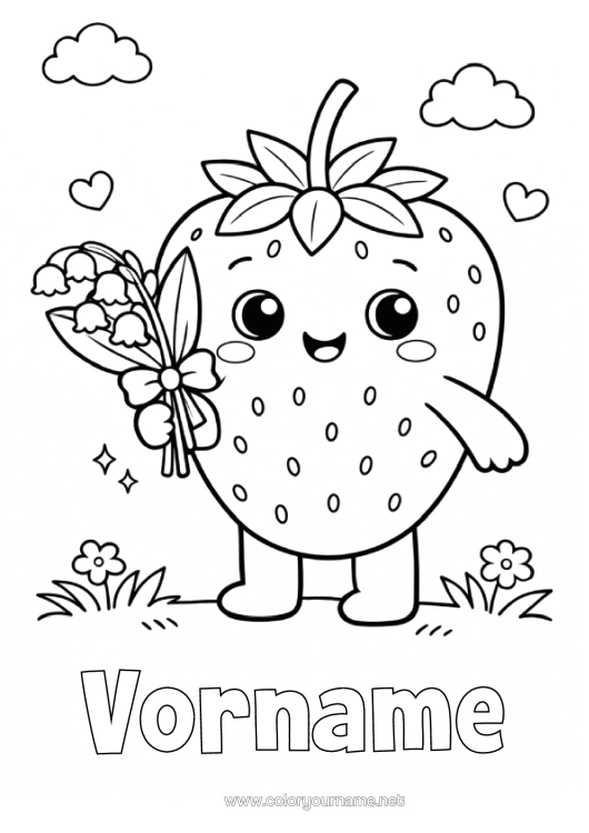 Malvorlage zum Ausdrucken Kawaii Maiglöckchen Früchte Erdbeere 1. Mai