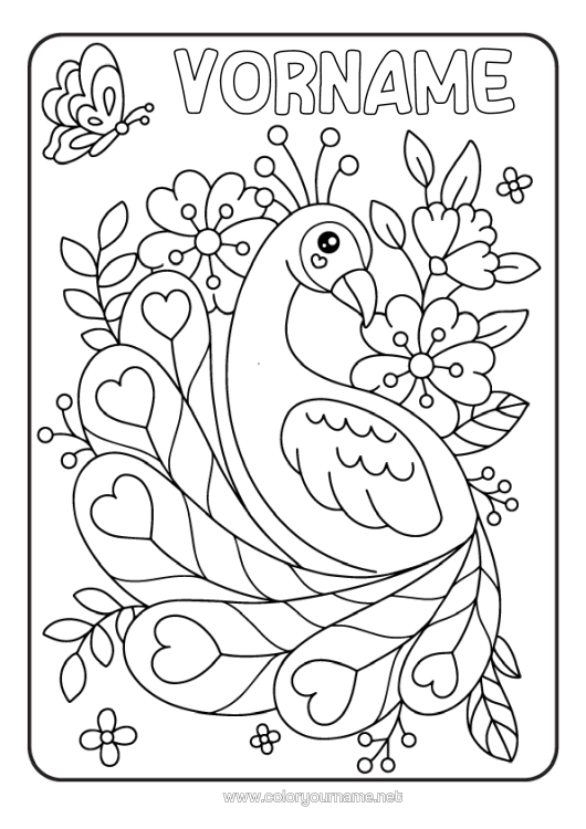 Malvorlage zum Ausdrucken Blumen Schmetterling Pfau Insekten Vögel Und Fliegende Säugetiere