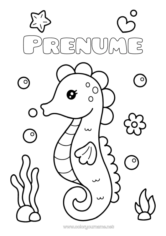Pagină de colorat de imprimat Hipocamp Desene De Colorat Ușoare Stea De Mare Animale Marine Sau Acvatice