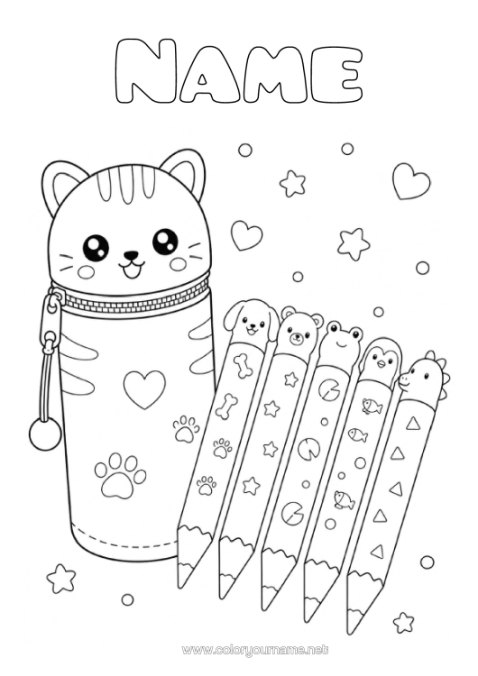 Coloring page to print Cute Cat Kawaii Animal Dog And Cat Pencil School Supplies Pencil Case