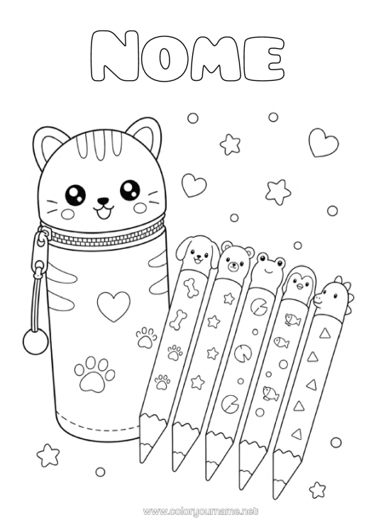 Pagina da colorare da stampare Carino Gatto Kawaii Animale Cani E Gatti Matita Forniture Scolastiche Astuccio