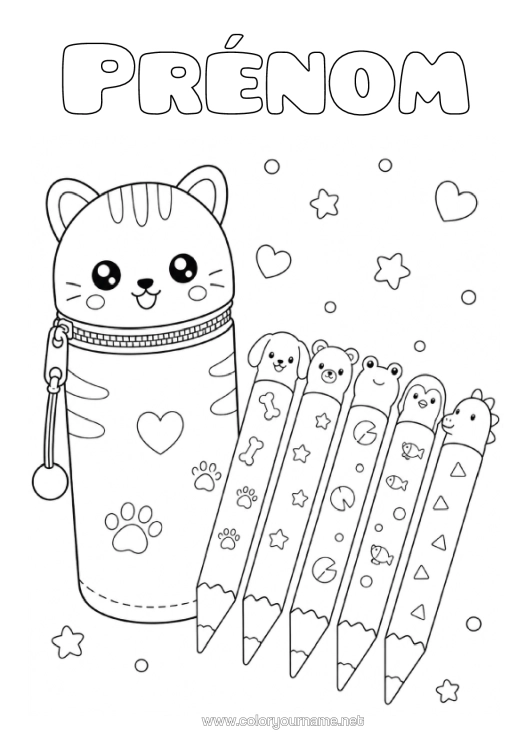 Coloriage à imprimer Mignon Chat Kawaii Animal Chiens Et Chats Crayon Fournitures Scolaires Trousse