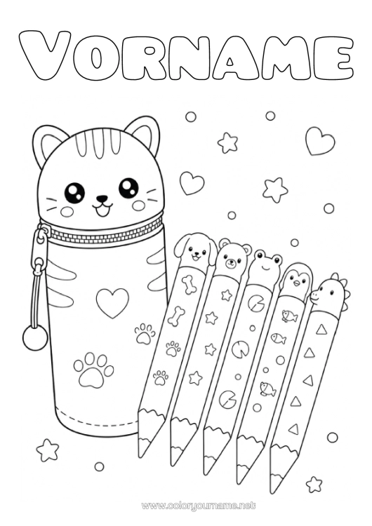 Malvorlage zum Ausdrucken Niedlich Katze Kawaii Tier Hunde Und Katzen Bleistift Schulbedarf Etui