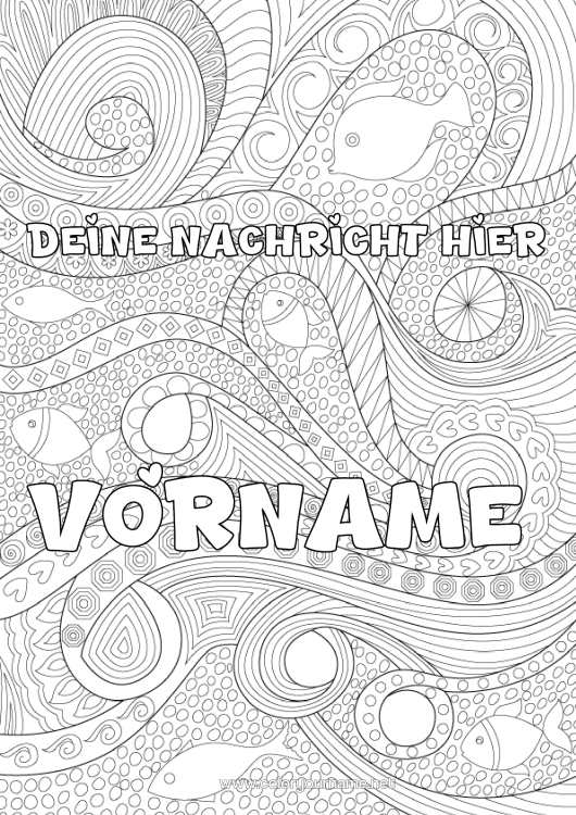 Malvorlage zum Ausdrucken Meer Fisch Komplexe Ausmalbilder Zentangle Meeres- Oder Wasserlebewesen Dekorativer Hintergrund Wellen