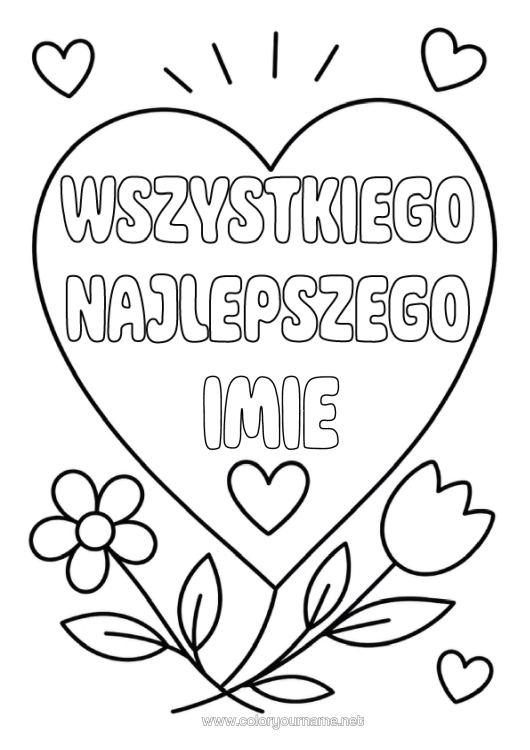 Kolorowanka do wydruku Kwiaty Serce Wszystkiego Najlepszego! Tulipan
