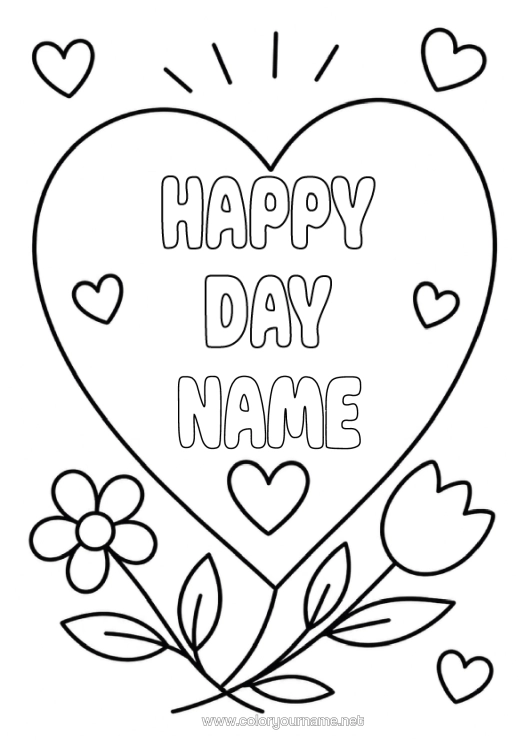 Coloring page to print Flowers Heart Happy Feast Day ! Tulip
