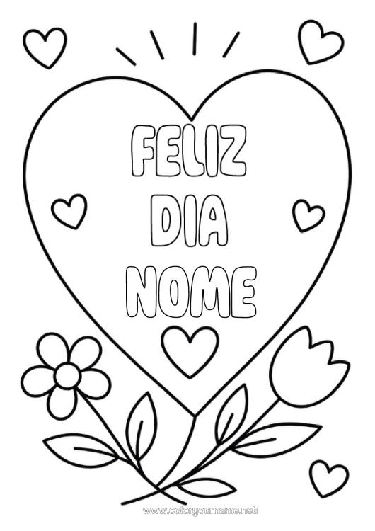 Página de desenho para imprimir Flores Coração Feliz Aniversário Tulipa