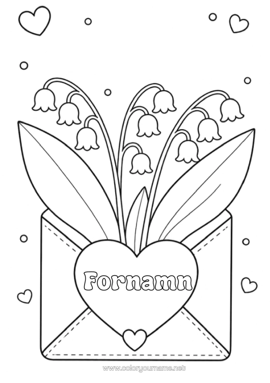Färgläggningssida att skriva ut Hjärta Tur Kuvert Liljekonvalj Första Maj