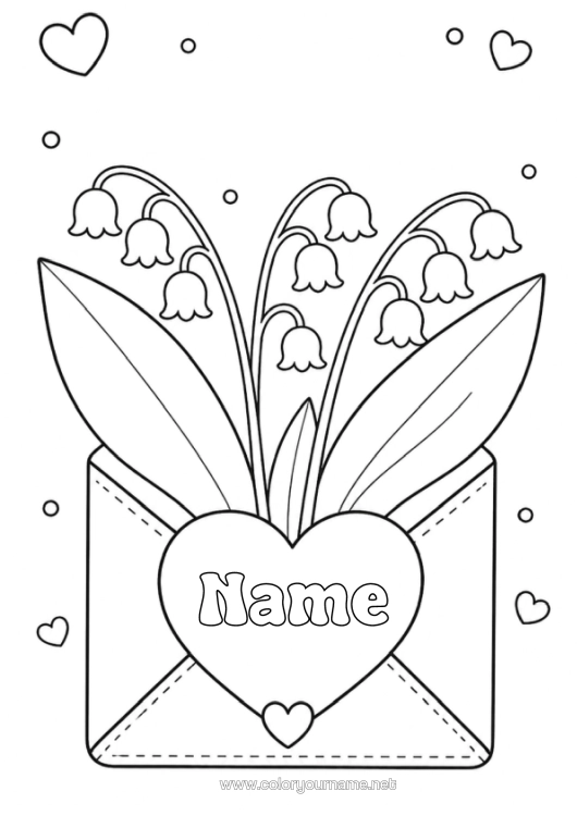 Coloring page to print Heart Luck Envelope Lily Of The Valley 1St May