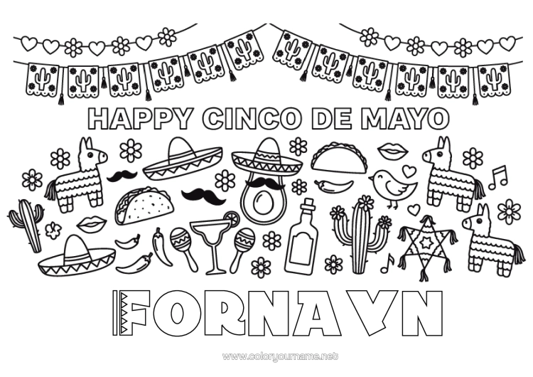 Farvelægningssiden til udskrivning Mexiko Symboler Cinco De Mayo