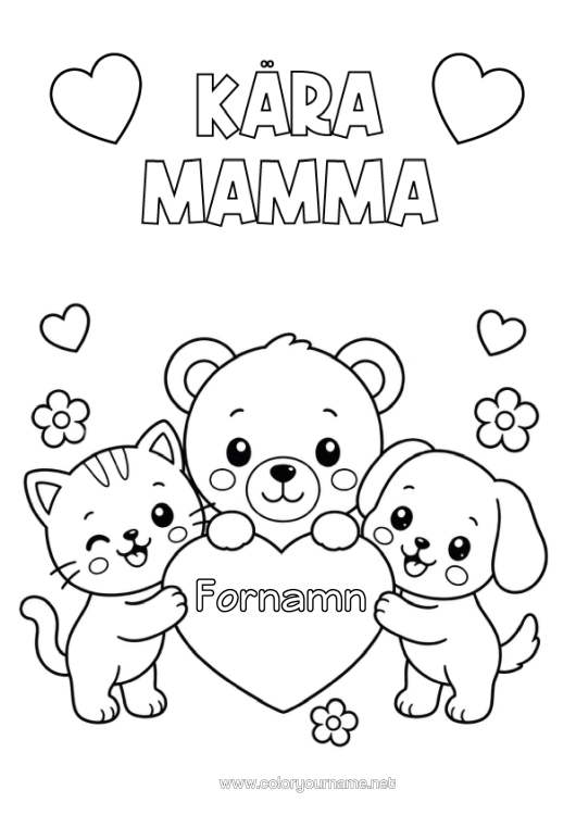 Färgläggningssida att skriva ut Hjärta Katt Mamma Grattis På Födelsedagen Söt Hund Björnungar Hundar Och Katter Skogens Djur