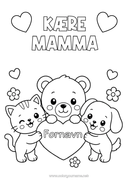 Farvelægningssiden til udskrivning Hjerte Kat Mor God Fest Kawaii Hund Bjørneunge Hunde Og Katte Skovens Dyr