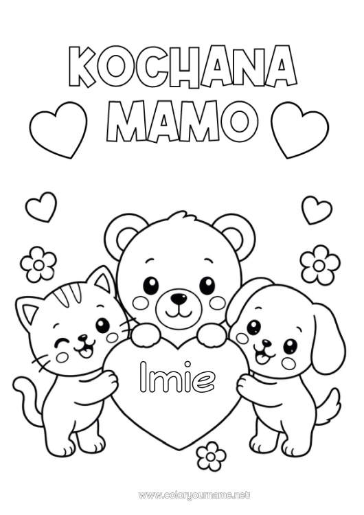 Kolorowanka do wydruku Serce Kot Mama Wszystkiego Najlepszego! Uroczy Pies Niedźwiadek Psy I Koty Zwierzęta Leśne