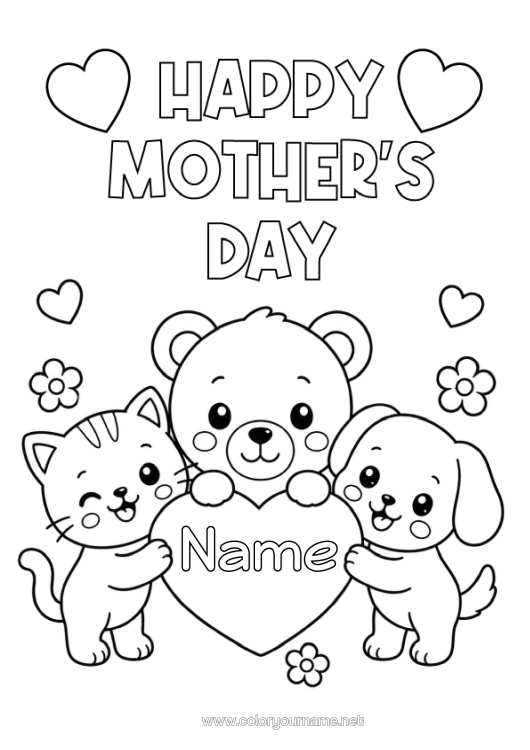 Coloring page to print Heart Cat Mum Happy Feast Day ! Kawaii Dog Teddy Bear Dog And Cat Forest Animals