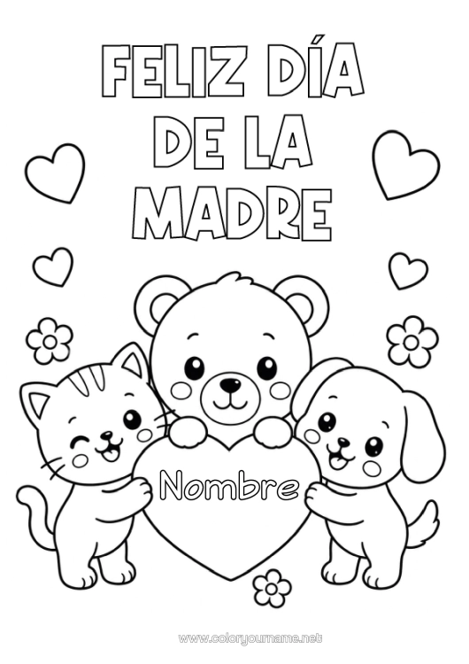 Dibujo para colorear para imprimir Corazón Cat Mamá Feliz Día De Fiesta Kawaii Perro Osito Perros Y Gatos Animales Del Bosque