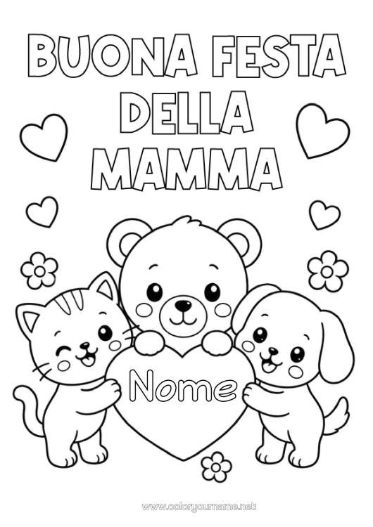 Pagina da colorare da stampare Cuore Gatto Mamma Buona Festa Kawaii Cane Orsetto Cani E Gatti Animali Della Foresta