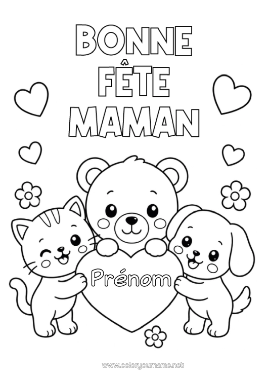 Coloriage à imprimer Coeur Chat Maman Bonne Fête Kawaii Chien Ourson Chiens Et Chats Animaux De La Forêt