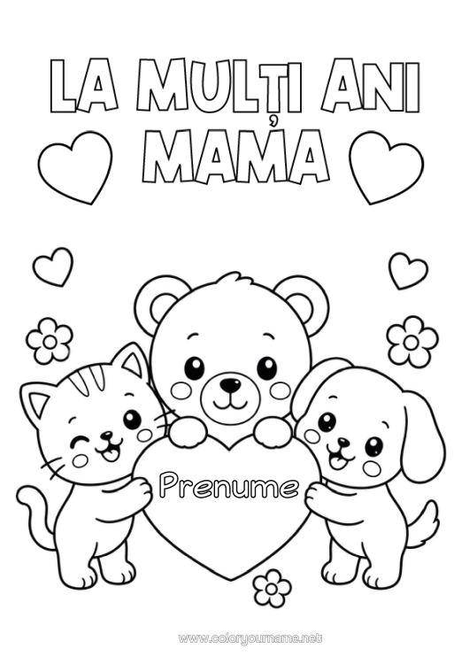 Pagină de colorat de imprimat Inimă Pisică Mama La Mulți Ani! Drăguț Câine Ursuleț Câini Și Pisici Animale Din Pădure
