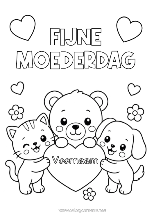 Kleurplaat om af te drukken Hart Kat Mama Fijne Verjaardag Kawaii Hond Knuffelbeer Honden En Katten Bosdieren