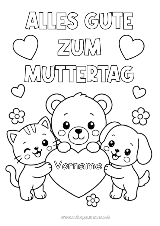 Malvorlage zum Ausdrucken Herz Katze Mama Frohes Fest Kawaii Hund Teddybär Hunde Und Katzen Waldtiere