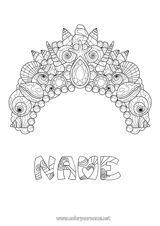 Coloring page to print Princess Sea Crown Epiphany Mermaid Jewel Fairy tale Sea Shell Marine or aquatic animals