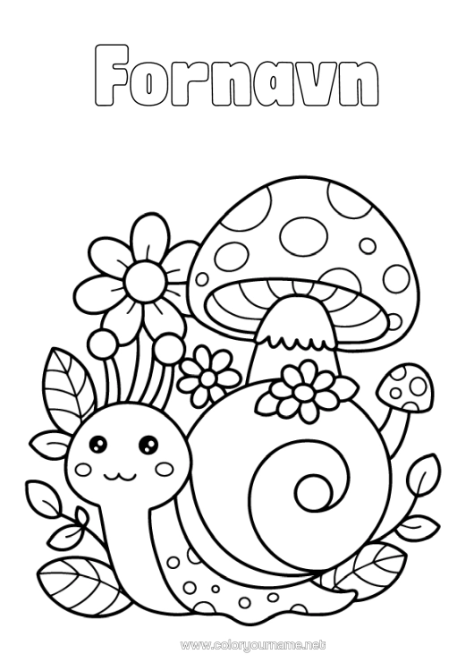 Farvelægningssiden til udskrivning Blomster Kawaii Svamp Snegl