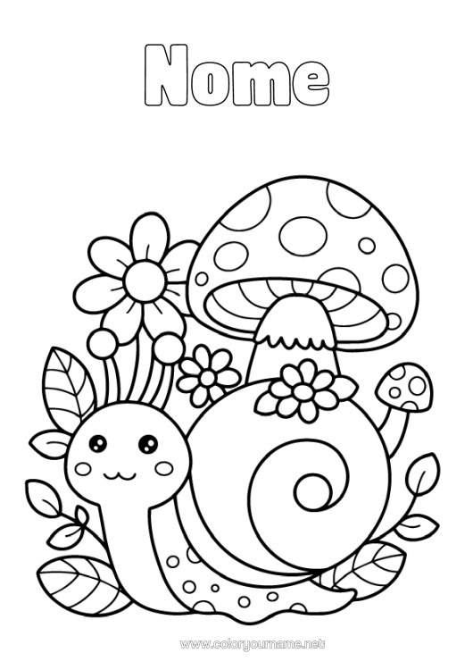 Pagina da colorare da stampare Fiori Kawaii Fungo Chiocciola