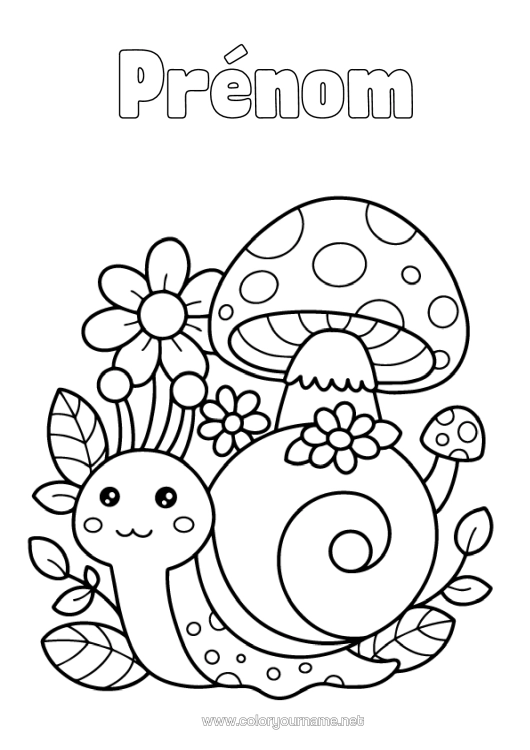 Coloriage à imprimer Fleurs Kawaii Champignon Escargot