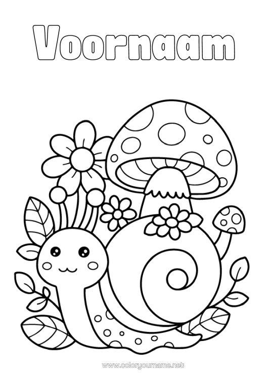 Kleurplaat om af te drukken Bloemen Kawaii Paddestoel Slak