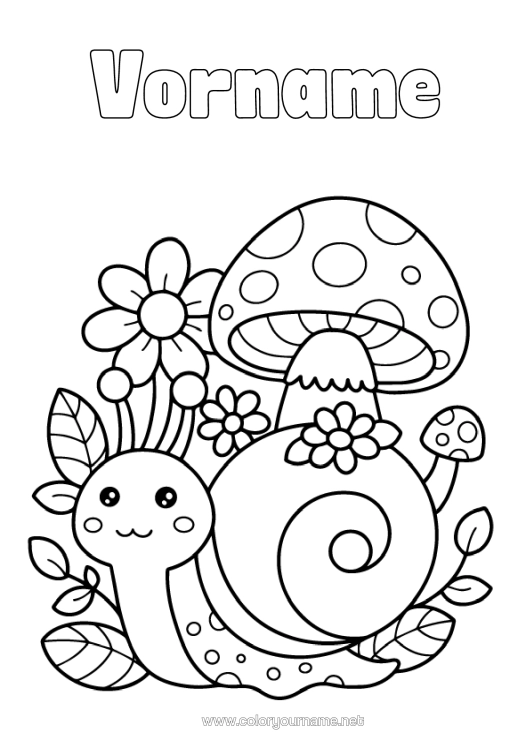 Malvorlage zum Ausdrucken Blumen Kawaii Pilz Schnecke