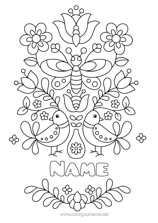 Coloring page to print Flowers Mandala Bird Butterfly Insects Flying Birds And Mammals Dragonfly