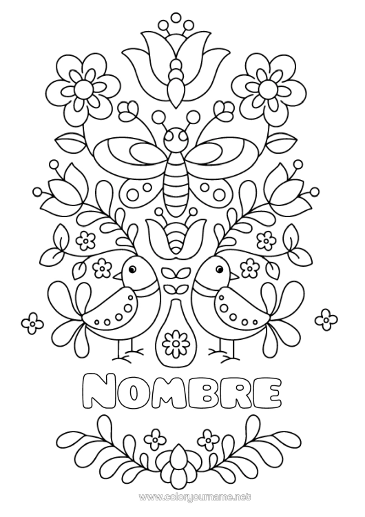 Dibujo para colorear para imprimir Flores Mandala Pájaro Mariposa Insectos Aves Y Mamíferos Voladores Libélula