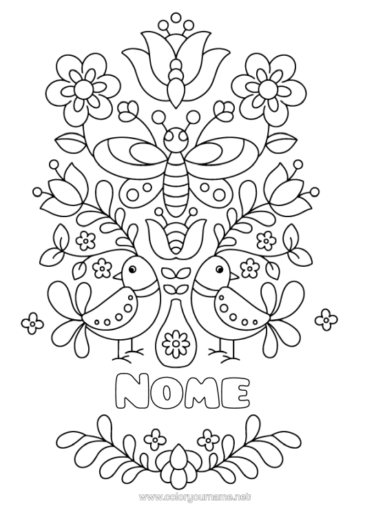 Página de desenho para imprimir Flores Mandala Pássaro Borboleta Insetos Pássaros E Mamíferos Voadores Libélula