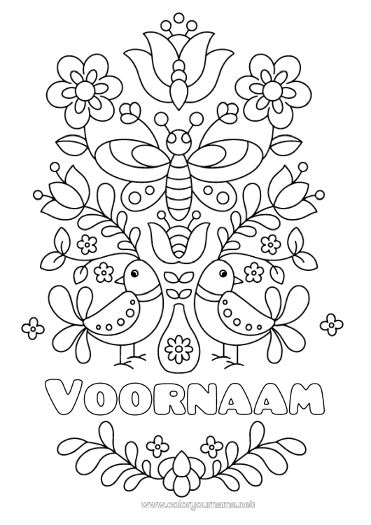 Kleurplaat om af te drukken Bloemen Mandala Vogel Vlinder Insecten Vogels En Vliegende Zoogdieren Libelle