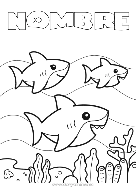 Dibujo para colorear para imprimir Mar Tiburón Animales Marinos O Acuáticos Familia De Animales Bebé Animal