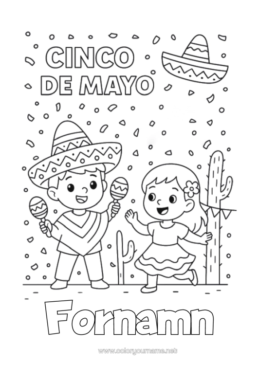Färgläggningssida att skriva ut Mexiko Cinco De Mayo Maracas Musikinstrumenter Sombrero