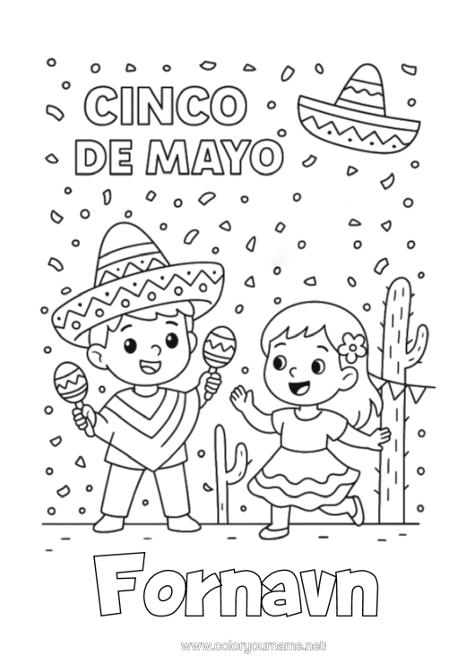Fargeleggingssiden til utskrift Mexico Cinco De Mayo Maracas Musikkinstrumenter Sombrero