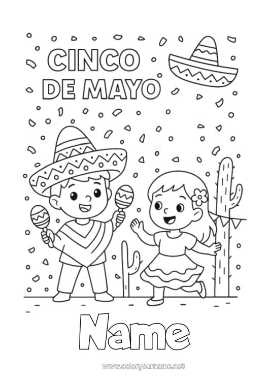 Coloring page to print Mexico Cinco De Mayo Maracas Musical Instruments Sombrero