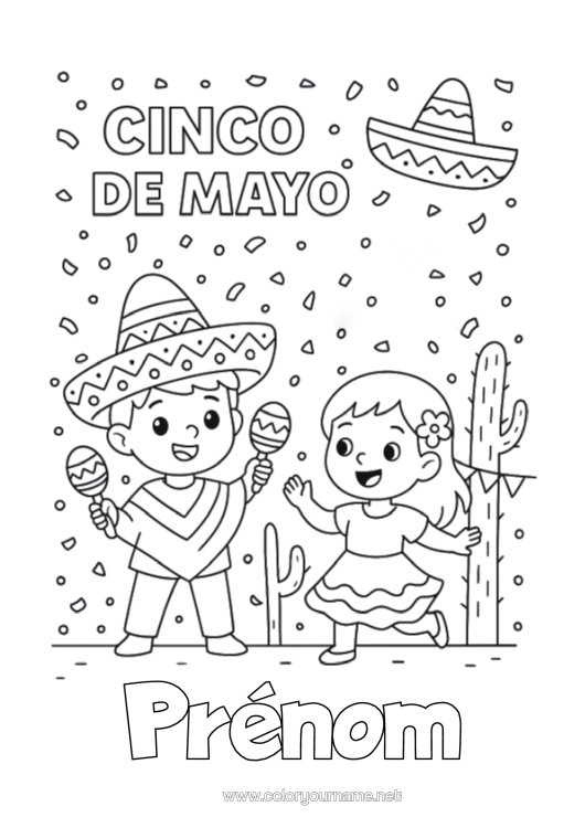 Coloriage à imprimer Mexique Cinco De Mayo Maracas Instruments De Musique Sombrero